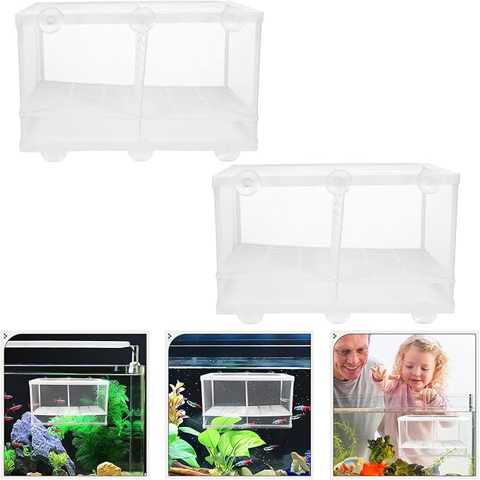 2Pcs Fish Tank Breeding Box with Divider and Suction Cups, Plastic Aquarium Hatchery Isolation Net for Shrimp and Fish Breeding, Large Size Separation Mesh for Aquatic Pet
