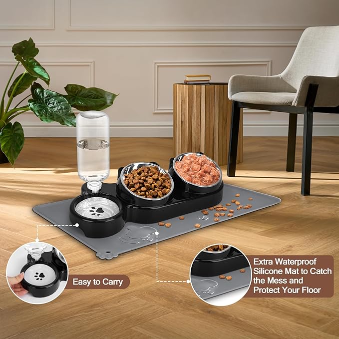 Cat Food and Water Bowl Set, Stainless Steel Raised Cat Bowls with Automatic Water Bottle & Waterproof Mat for Cats/Puppies, 3 in 1 Pet Feeding Station for Wet/Dry Food, Black