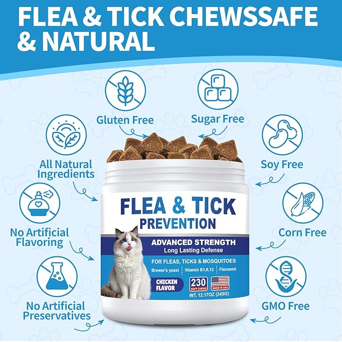 Flea and Tick Prevention for Cats Chewables 230 Soft Treats - Flea and Tick Chews Supplement, Vet Recommended Supplement Chews, Skin & Coat Support for Cats, Kitten, All Breeds & Sizes