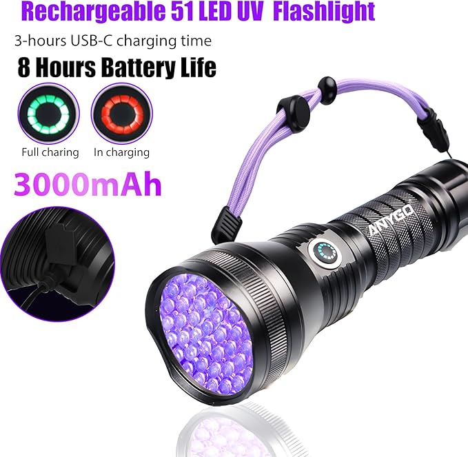 51 LED Rechargeable Black Light Flashlight, 395nm UV Flashlight, Portable Ultraviolet Pet Urine Detector for Dog Cat Stains, Bed Bugs, Scorpions, Resin Curing, Battery Included