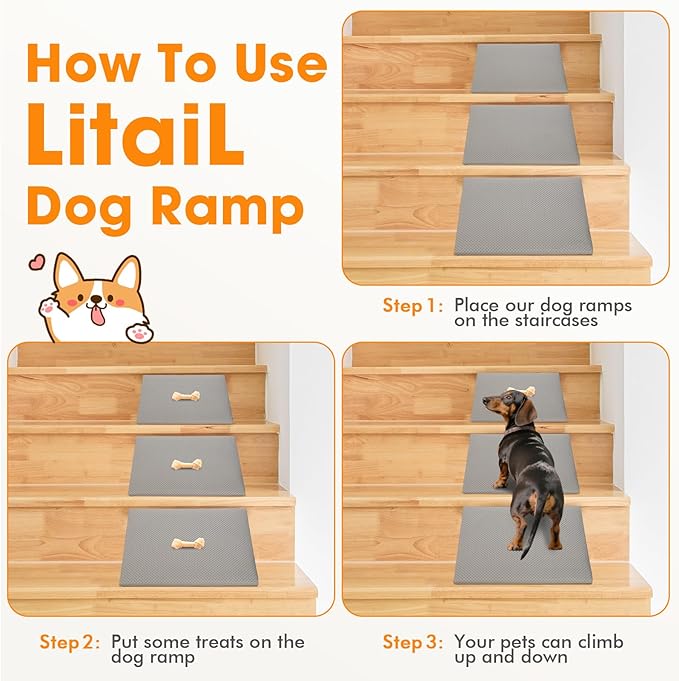 3 PCS Dog Ramps for Staircase - LitaiL Pet Stairs for Staircase with Anti-Slip Bottom Suitable for Small Dogs, 3 Packs Extra Wide Metal Frame Dog Ramp for Injured and Older Pets (Grey)