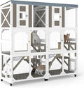 64.4" L Catio Outdoor Cat Enclosure,Outdoor Cats House with 10 Platforms & 2 Space Capsules,Wooden Cat Catio Cats Enclosure with Weatherproof Oxford Cloth Roof & 8 Wheels,Grey