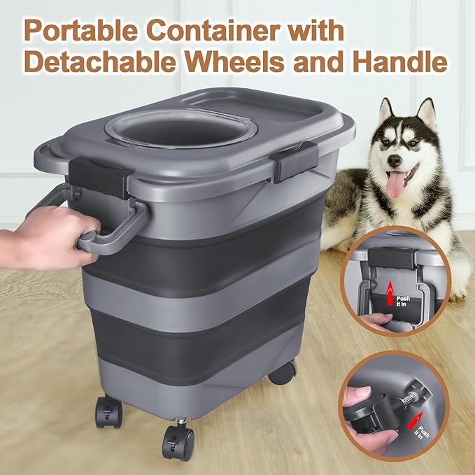 Dog Food Storage Container，10-25 lbs Airtight Collapsible Cat Food Storage Container with Attachable Wheels, Portable Handle, Dog Food Scoop for Dog Cat Bird Pet Dry Food Storage Bin Dark Grey