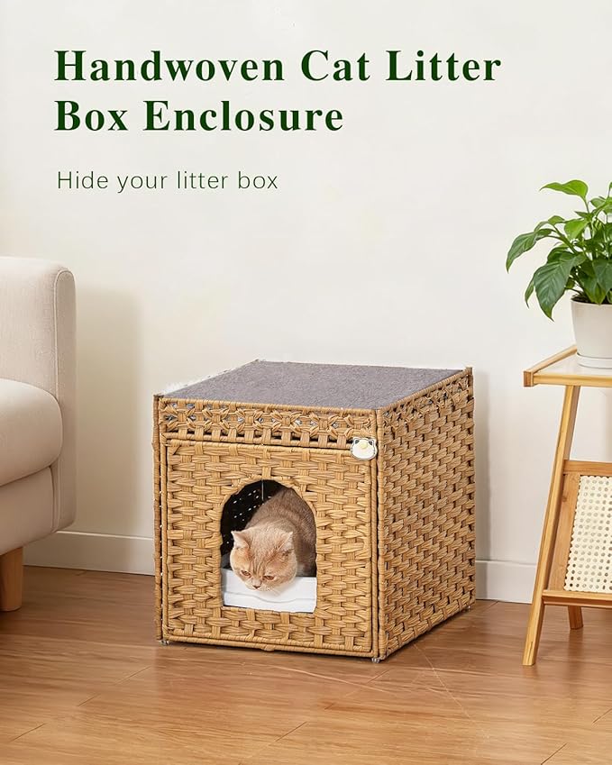Cat Litter Box Enclosure Furniture with One Cat Bed Pad, Hidden Litter Box Handwoven Rattan Cat House with Two S-Shaped Hooks for Living Room, Bedroom, 18.5 x 20.5 x 19.1 Inch,Natural