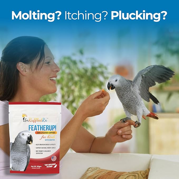 UnRuffledRx FeatherUp! Bird Molting Support & Feather Growth Supplement - for Plucking, Regrowth & Molt - Multivitamin & Amino Acids for All Birds - 90g (240 Servings)