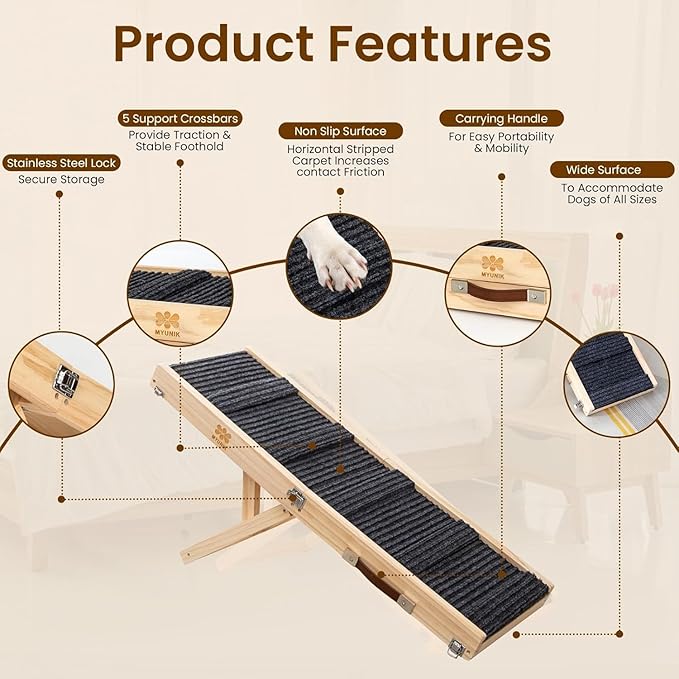 Adjustable Dog Ramp for Bed & Couch, 40.5 Inches Solid Wood Foldable Pet Ramp for All Dogs, Dog Bed Ramp with 5 Heights 10–24 Inches
