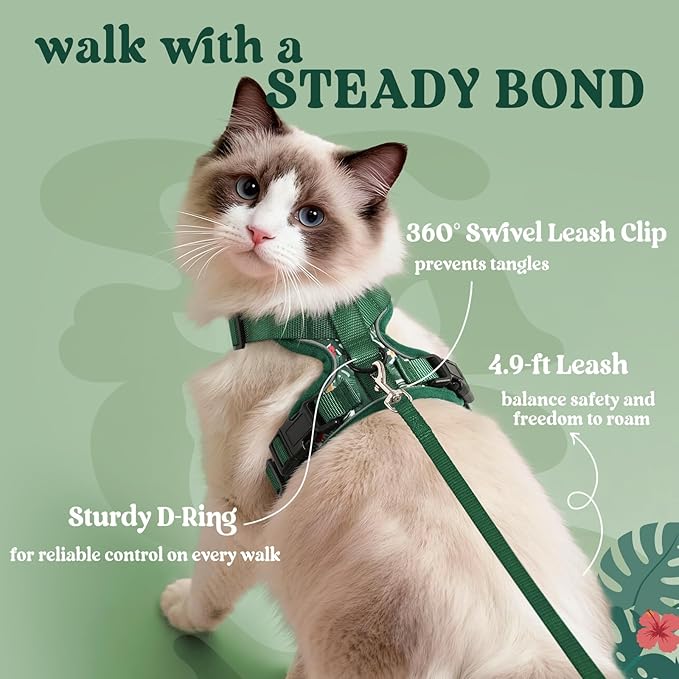 rabbitgoo Cat Harness and Leash for Walking, Escape Proof Soft Adjustable Vest Harnesses for Cats, Easy Control Breathable Reflective Strips Jacket,Rainforest Green,S