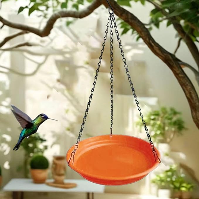 Hanging Bird Feeder and Waterer Tray Water Feeding Bowl Garden Decor with Chains Sturdy Birds Water Station for Backyard Yard, Brown Red