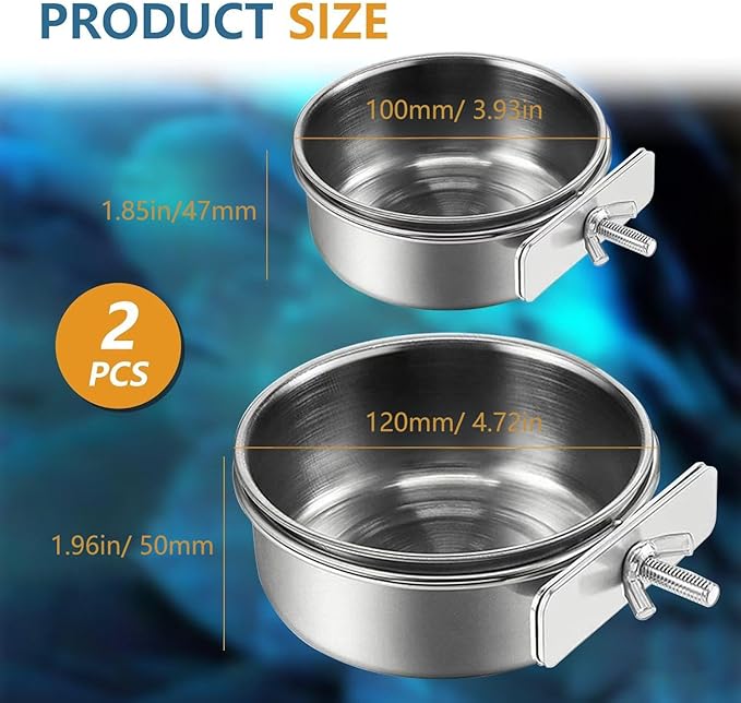 2Pcs Stainless Steel Bird Feeding Bowls, Small Bird Feeding Cup, Stainless Steel Parrot Food Bowl Cage with Holder, Parrot Cage Water Feeder, Pet Cage Cup Holder (Dia 3.93", 4.72",)