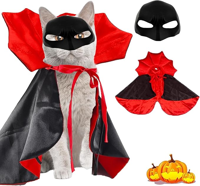 Cat Halloween Costumes, Vampire Cloak Cape Costume Clothes, Cat Bat Mask with Cloak, Red Black Pet Accessories Outfit Decor Cowl for Small Dogs, Halloween Party Pet Cosplay