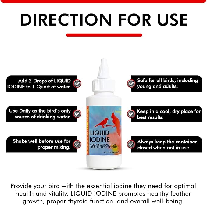 Morning Bird Liquid Iodine for Birds 4 fl oz – Iodine Mineral Supplement – Supports Feather Growth, Molting, Energy & Healthy Thyroid Function – Easy-to-Use Drops