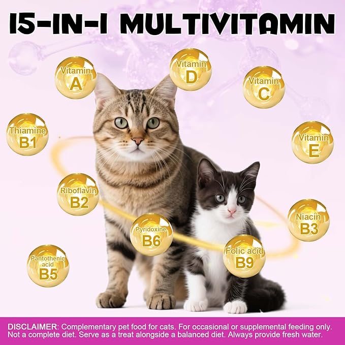 15-in-1 Multivitamin Cat Treats for Indoor Cats, Taurine, Omega Fatty Acids & Beta-Glucans Support Immune, Digestive, Skin & Coat Health – with Prebiotics & Essential Minerals | for Kittens&Adult Cats