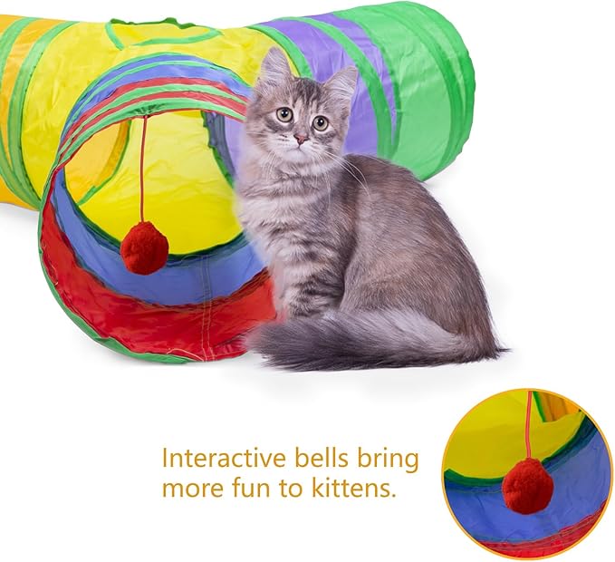 3 Way Cat Tunnel Collapsible Fun Pet Play Tube Toys for Cats, Kittens, Puppies & Rabbits - Portable Tunnel with Hanging Ball for Indoor Play, Hideout & Exercise