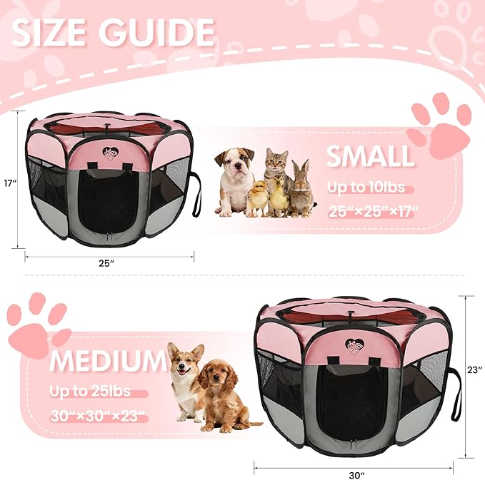 Dog Cat Playpen，Pet Cage - Indoor Outdoor, Portable Foldable Pop Up, Removable Zipper Top，Fits Dogs, Cats, Rabbits (Pink,M)