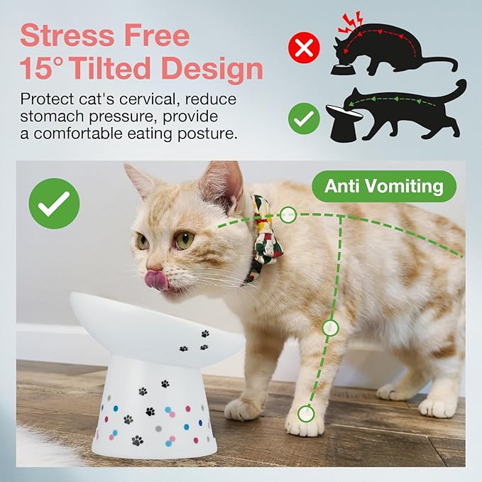 Necoichi Raised Cat Food Bowl – Ceramic Elevated 15° Tilted Cat Bowl for Whisker Fatigue Dishwasher Microwave Safe, Non-Slip Anti Vomiting Design (Colorful Dots, Extra Wide Tilted, 1.5-Cup Capacity)