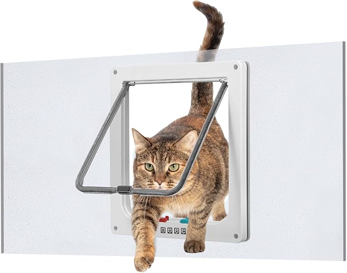 Cat Door for Window, Safety Cat Window with 4 Way Lock, Pet Friendly Cat Door Window Insert, Ease of Installation, Magnetic Closure, Weatherproof Design, Frosted Plexiglass 18"-28"