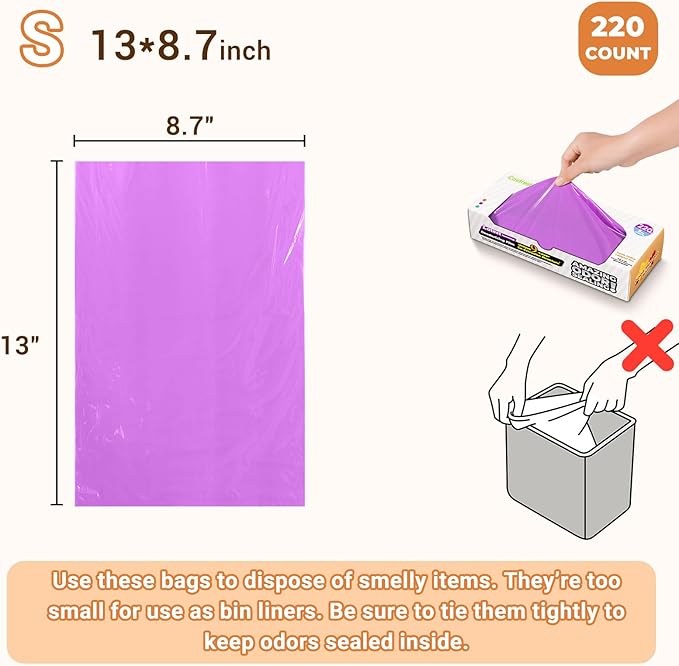 Odor-Sealing Cat Litter Bags - 220 Count Unscented Cat Poop Bags with Strong Odor Control, Leakproof & Durable Pet Waste Bags (Size:S, Color: Purple)