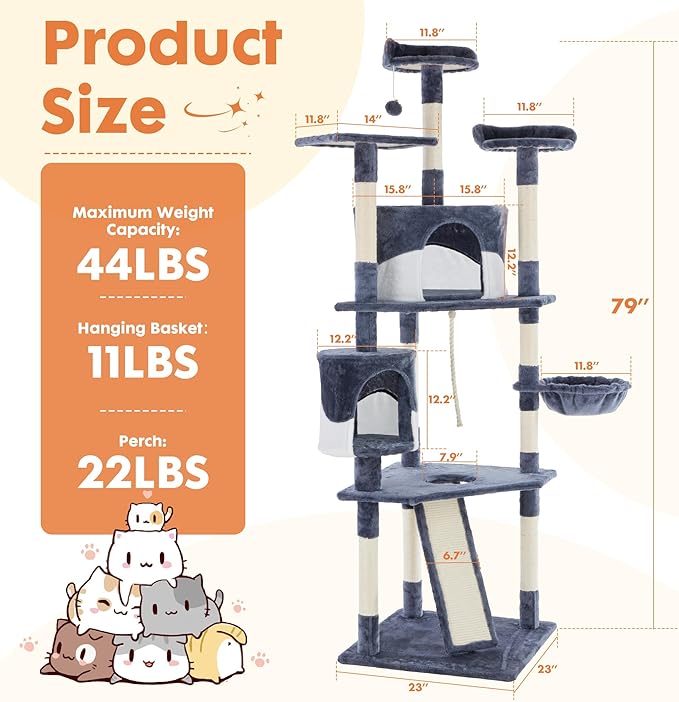 Sweetcrispy 79 inch Cat Tree Tower, Large Multi Level Cats Climbing Tower with Condo, Natural Sisal Scratching Posts, Extended Platform, Basket, Tall Pet Tree House for Indoor Cats Play, Dark Blue