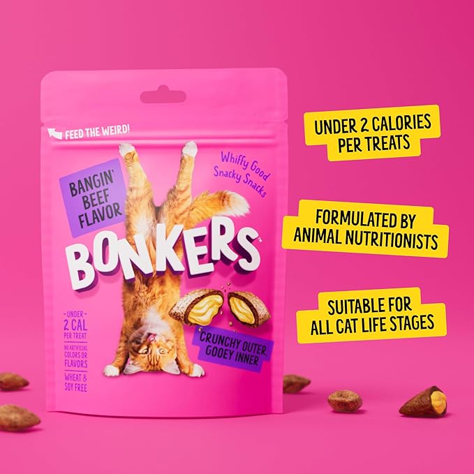 Bonkers Cat Bites, Crunchy & Soft Bangin' Beef Flavor Treats, Low Calorie, Training or Food Topper, 3 OZ Resealable Bag for All Breeds and Ages, Value Pack (10 Pack)