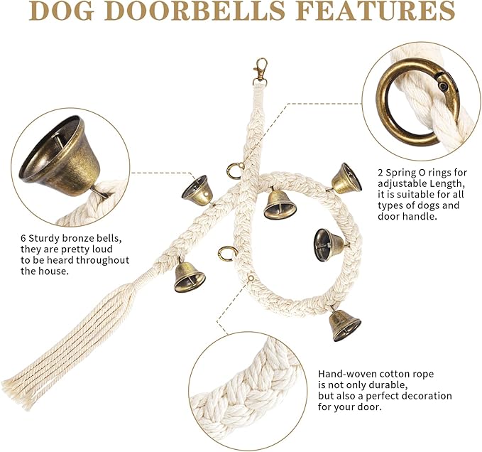 KLOGTSIND 2 Pack Dog Bells for Door Potty Training, Handwoven Cotton Rope Dog Doorbell with 6 Extra Loud Bells, Adjustable Dog Door Bells for Small Medium Large Dogs to Ring to Go Outside, Beige