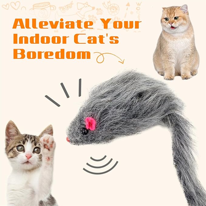 Cat Toys, 5 Pack Faux Fur Cat Mouse Toy, Interactive Cat Toy 6.3” Realistic Size Grey Furry Rattle Mouse Without Catnip Kitten Mice Toy for Bored Indoor Adult Cat, Feline Chew Toy Self Play