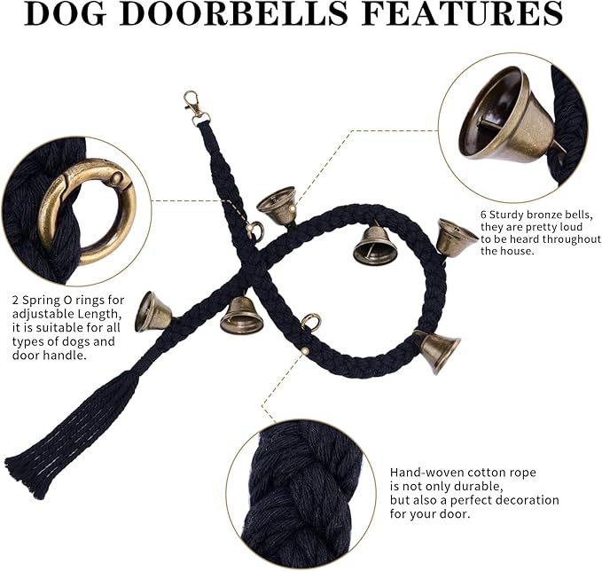 Dog Bell for Door Potty Training, Cotton Handwoven Dog Doorbell with 6 Extra Loud Bells for Dog Training, Adjustable Hanging Door Bell for Small Medium Large Dogs to Ring to Go Outside, Black