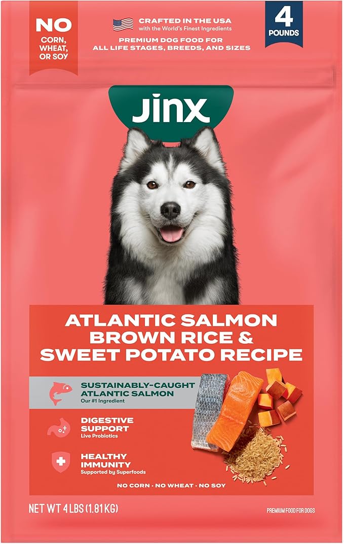Jinx Premium Dry Dog Food, for All Life-Stages - Real Salmon, Brown Rice & Sweet Potato Kibble with Superfoods for Immune Support & Probiotics for Digestive Support - No Fillers – 4lb