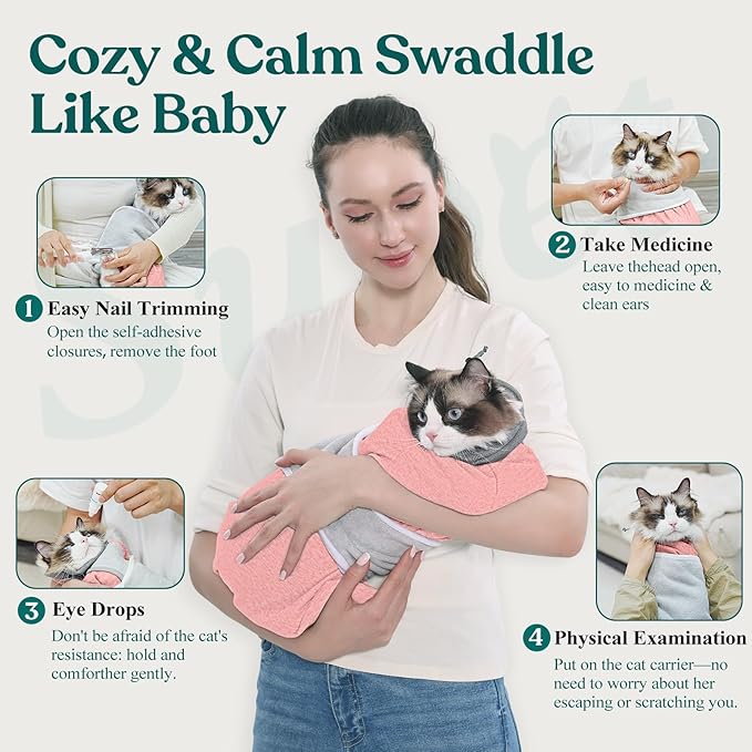 Supet Cat Grooming Wrap for Cutting Nails, Self-Adhesive Anti-Scratch Swaddle with Bite-Proof Mesh Hood & Thick Waist Strap Anti-Escape Bag for Nail Trimming, Medication, Ear Cleaning (Pink S)