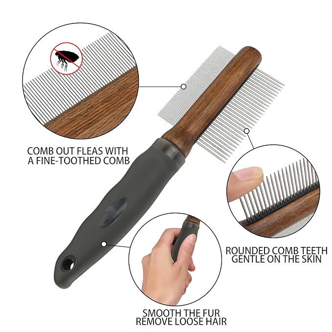 HOP Double-sided Grooming Comb,Dematting Comb for Long Hair and Sick Hair Dog&Cat, Stainless Steel Teeth with Wooden Handle,Loose Fur Removal and Remove Tangles and Knots