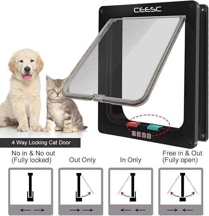 CEESC Extra Large Cat Door (Outer Size 11" x 9.8"), 4 Way Locking Large Cat Door for Interior Exterior Doors, Weatherproof Pet Door for Cats & Doggie with Circumference < 24.8" (Black)