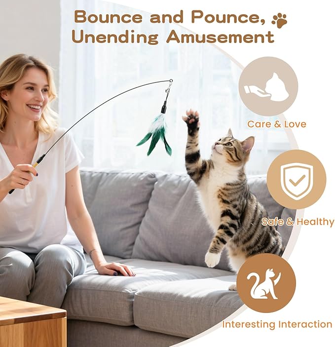 Pawaboo Feather Teaser Cat Toy, Interactive Wands Cats Toy Flying Feathers Cat Catcher with Extra Long 34.5" Wand and Small Bell, Playing Toys, 1 Wand + 6 Feathers, Multi-Color Feather Blend