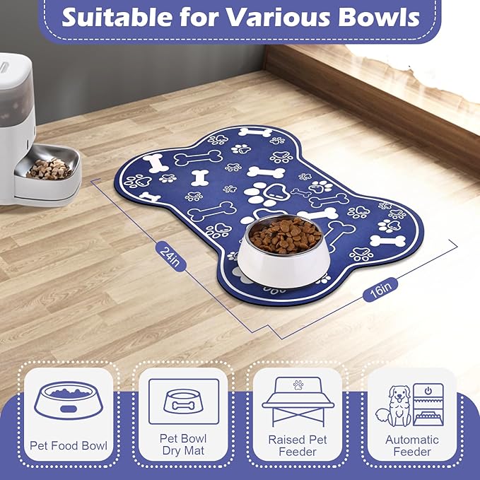 Dog Cat Mat for Food and Water,Rapid Absorbent Pet Feeding Mat, Bone Shaped Dog Placemat Bowl Mat with Rubber Backing,No Stains Pet Food Mats Indoor, Pet Accessories Supplies,Blue 16"×24"