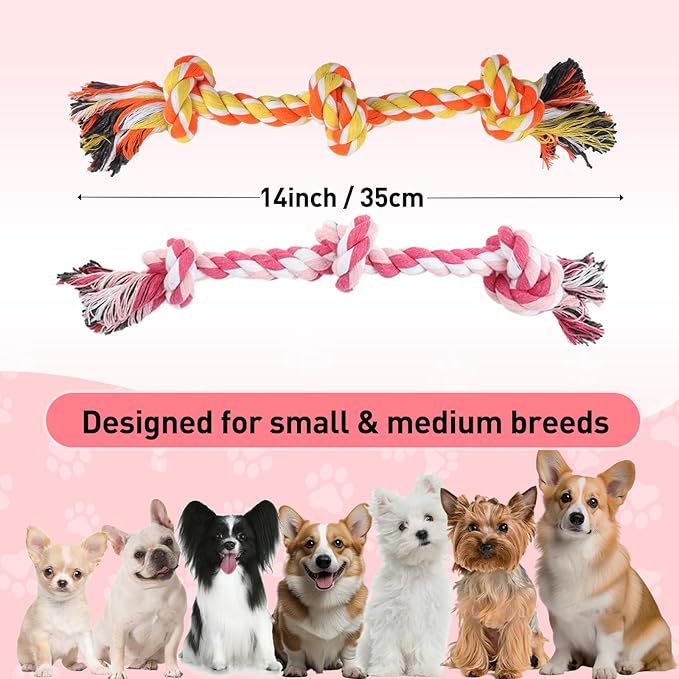 SZEE 2Pcs Dog Rope Toys for Small Breeds, 14 in 3 Knots Chew Rope Toy for Dogs, Pull Toy for Tug of War, Energy Release, Boredom Relief and Teeth Cleaning (Pink & Orange)