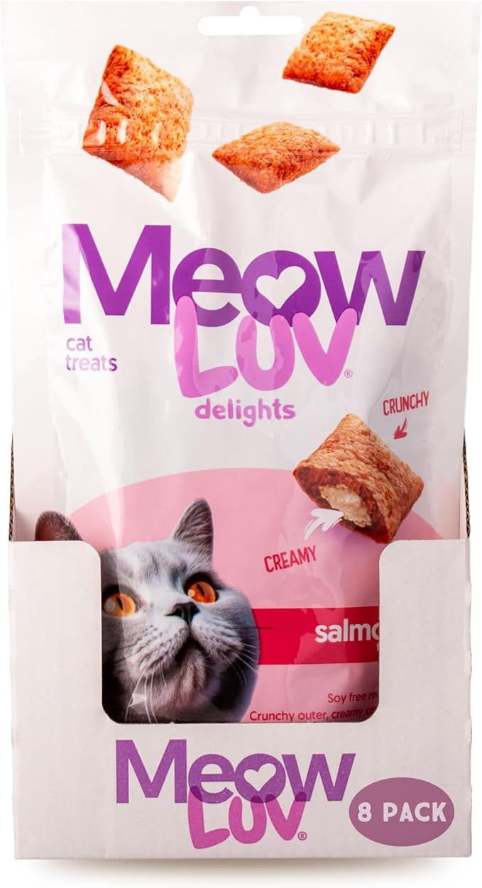 Ultra Chewy Meow Luv Delights Crunchy Cat Treats with Creamy Center - Salmon Flavor - Premium Cat Snacks - Soy-Free Recipe - Healthy Treats for Indoor Cats - 4 Pack