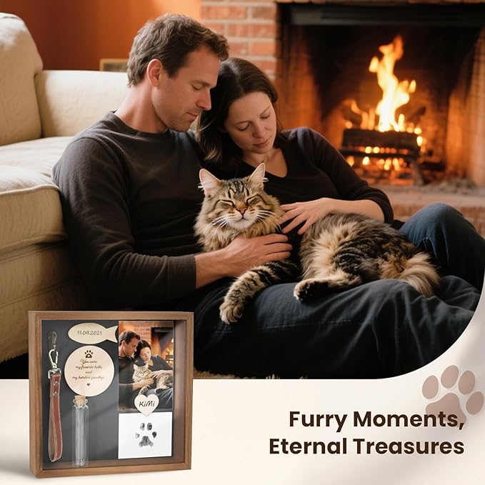 Cat Memorial Gifts for Loss of Cat, Pet Memorial Gifts for Cats, 8.6'' Shadow Box with Wooden Sculptures, Fur Jar, Sympathy Gift for Tabletop Display & Wall Hanging