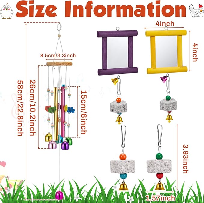 7 Pcs Chicken Toys, Hanging Chicken Wind Chime, 2 Pcs Coop Mirror Toys with Bells 4 Pack Beak Grinding Stones, Musical Coop Accessories for Hen Rooster Chick Poultry Birds(Yellow, Purple)