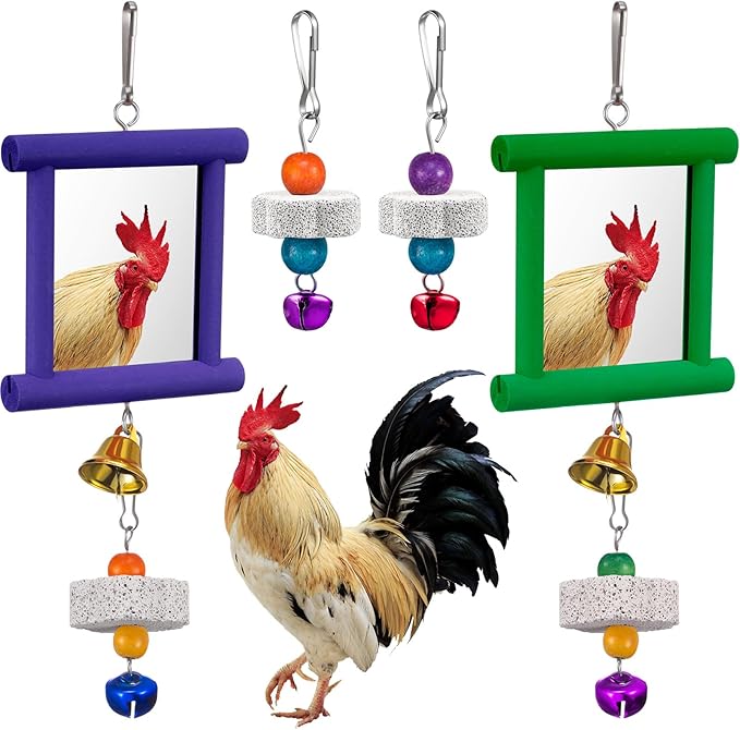 Sumind 2 Pieces Chicken Mirror Toys Hanging Swing Mirror with Bell Wooden Pecking Toy and 4 Pieces Beak Grinding Molar Stones for Hens Birds Parrots(Green,Purple)