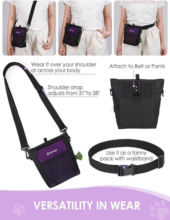 Gobeigo Dog Treat Pouch with Silicone Snack Bag, Front Pocket fits All Phones, 4 Cup Treat Bag with Training Clicker, Upgrade Stronger Magnetic Closure, 3 Ways to Wear Walking Fanny Pack (Purple)