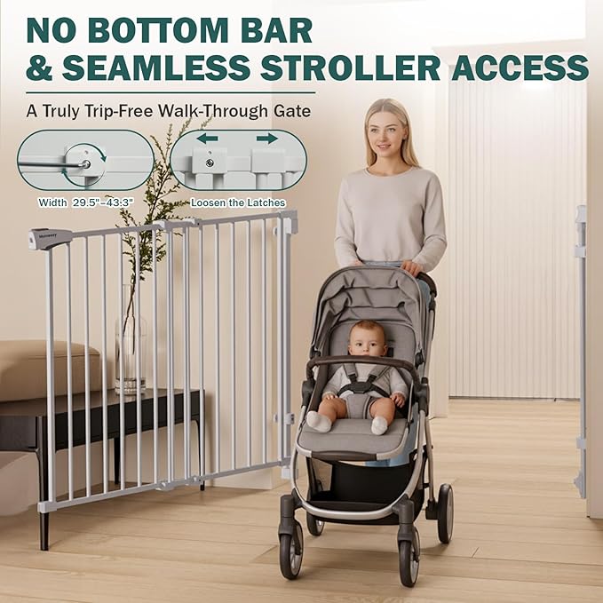 Mumeasy 29.5-43.3" Baby Gate for Stairs, No Bottom Bar Dog Gate with Removable Door & Slide-Adjust Drill Mount, Extra Wide Stairway & Hallway Walk Thru Pet Safety Gate for Doorways, Kitchen (White)