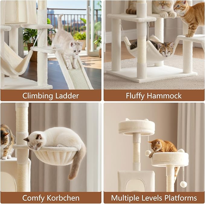 Sweetcrispy Cat Tree 75 Inch, Large Multi-Level Tall Cat Tree Tower with Condo, Perches, Sisal Scratching Posts Board and Hammock, Pet Play House with Dangling Balls for Indoor Cats, Beige