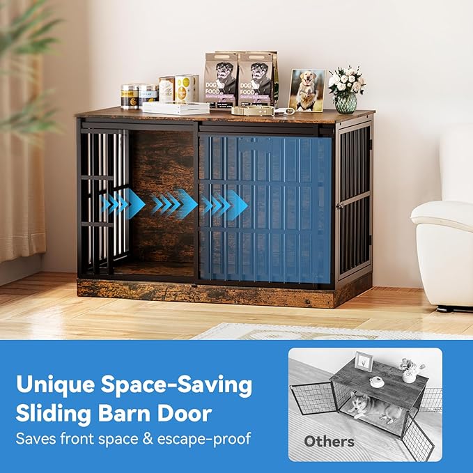 Petrova 47" Dog Crate Furniture for 1 Dogs, Heavy Duty Indoor Dog Kennel for Medium/Large Dogs, Wooden Dog Cage with Sliding Barn Door, Name Tag, Rustic Brown