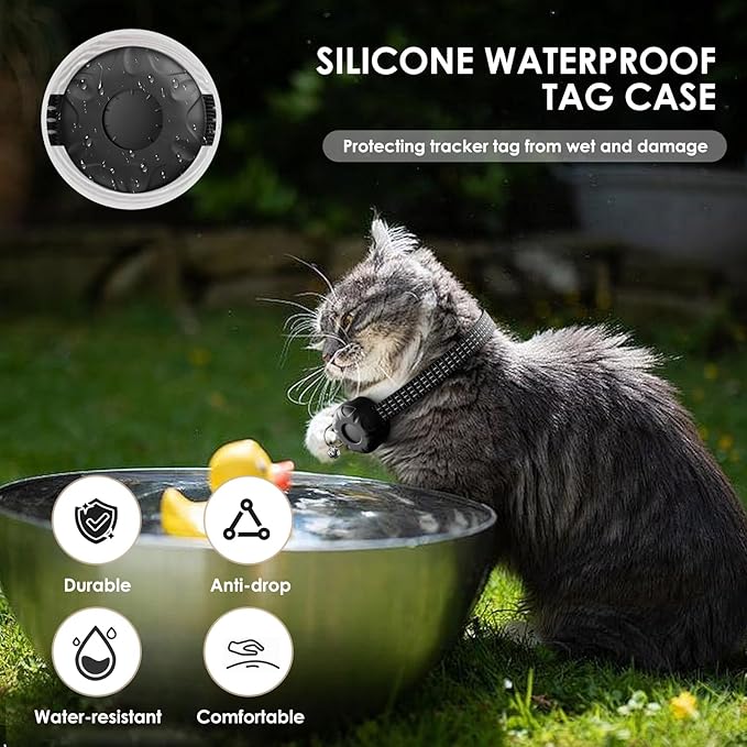 Cat Tracker, Waterproof Pet Tracker for Cats, Cat GPS Tracker Collar with Safety Elastic Buckle, Compatible with Apple Find My App (Only iOS), No Monthly Fee (Black Tracker, Black Cat Collar)