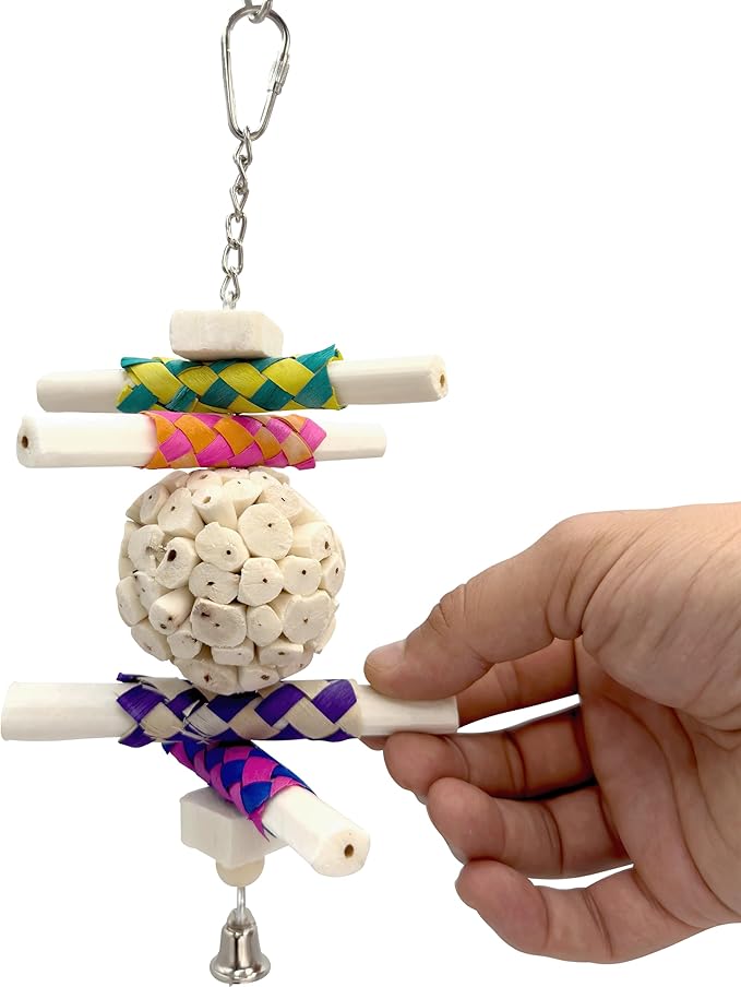 1115 Sola Stickler - Handcrafted Chewable Hanging Bird Toy, Natural Sola Wood Logs, Colorful Bamboo Finger Traps, Handmade Sola Wood Ball, Foraging Fun for Small Size Birds