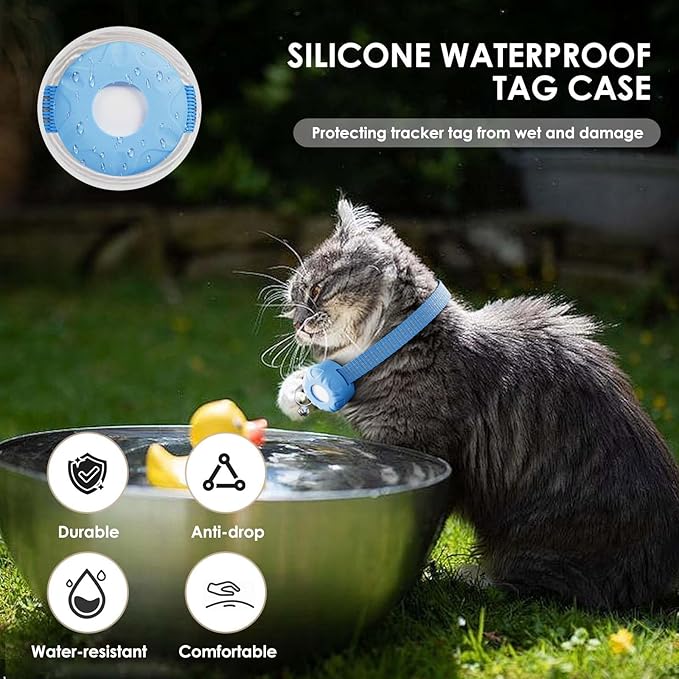 GPS Tracker for Cats, Compatible with Apple Find My App (Only iOS), No Monthly Fee Cat Tracker, Waterproof (White Tracker, Blue Cat Collar)