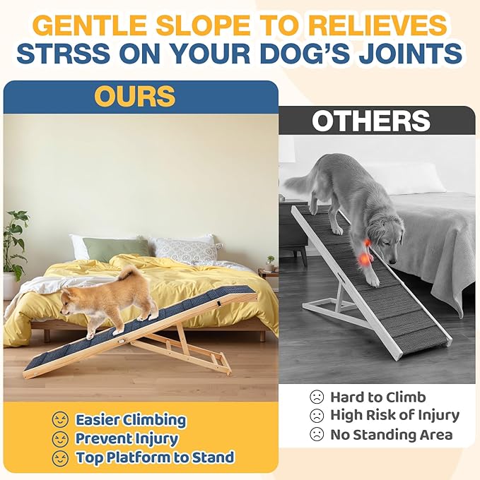 Foldable Dog Ramp for Bed/Couch/Car, 75'' Extra Long Wood Ramp with Anti-Slip Carpet, Gentle Long Slope, Top Landing Platform, 5 Adjustable Heights, Up to 200 Lbs, Ideal for Older and Larger Dogs