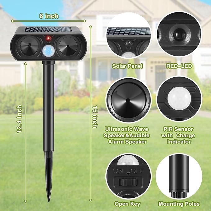 2026 Cat Repellent Outdoor Solar Ultrasonic Animal Repellent Outdoor with Motion Activated Cat Deterrent to Scare Deer Squirrel Rabbit Raccoon Skunk Repellent for Yard Lawn Garden(2Pack)
