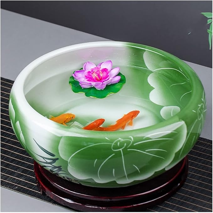 Fish Tank Ceramic Goldfish Bowl Fish Tank Hand-Painted Desktop Large Lucky Turtle Tank Narcissus Lotus Pot Tank Aquarium Starter Kits Glass Fish Tank(B,32cm)