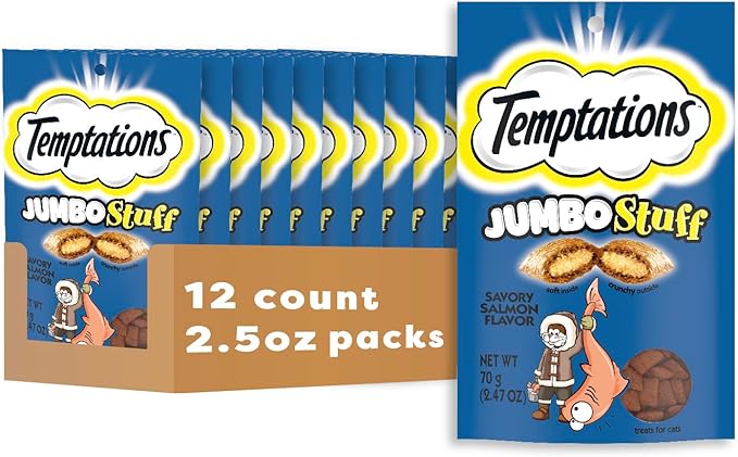 Temptations Jumbo Stuffed Cat Treats, Crunchy and Soft Cat Treats, Savory Salmon Flavor, 2.5 oz. Pouch (Pack of 12)