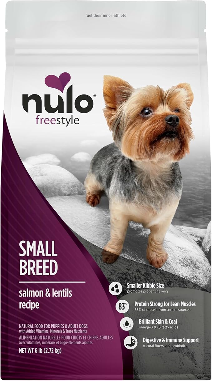 Nulo FreeStyle Small Breed Dog Food Dry - Salmon & Lentils, Puppy & Adult Grain Free Dog Food, Natural, High Protein, Smaller Sized Kibble with BC30 Probiotic for Healthy Digestion Support, 6lb