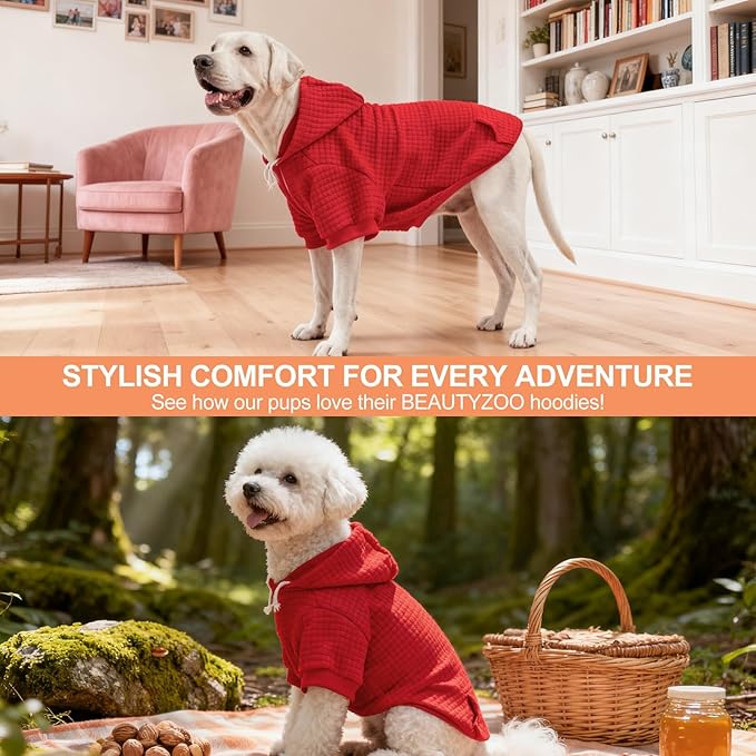 BEAUTYZOO Dog Hoodie with Leash Hole and Pocket,Dog Sweaters for Small Medium Large Dogs Boys Girls,Waffle-Like Laminated Cotton Warm Outfits for French Bulldogs, Pitbull, Winter Puppy Clothes Jacket